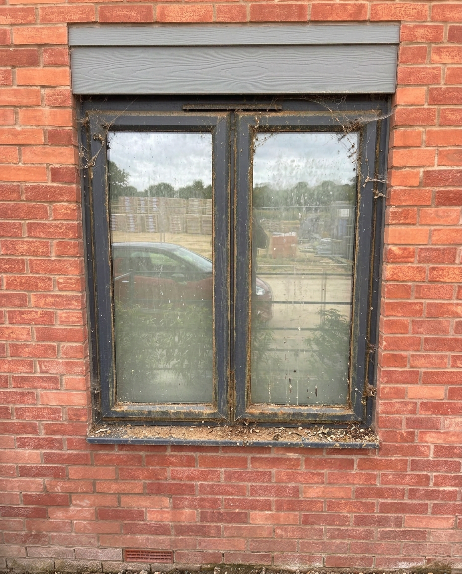 Anthracite grey window before cleaning, with brown dirty seals and dull glass in Northampton